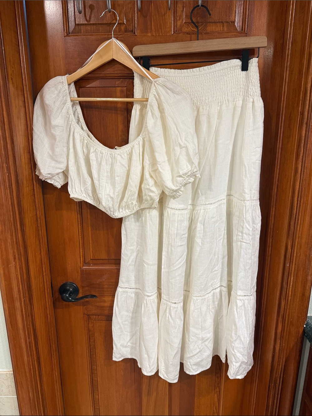Summer white crop top and tiered maxi skirt set